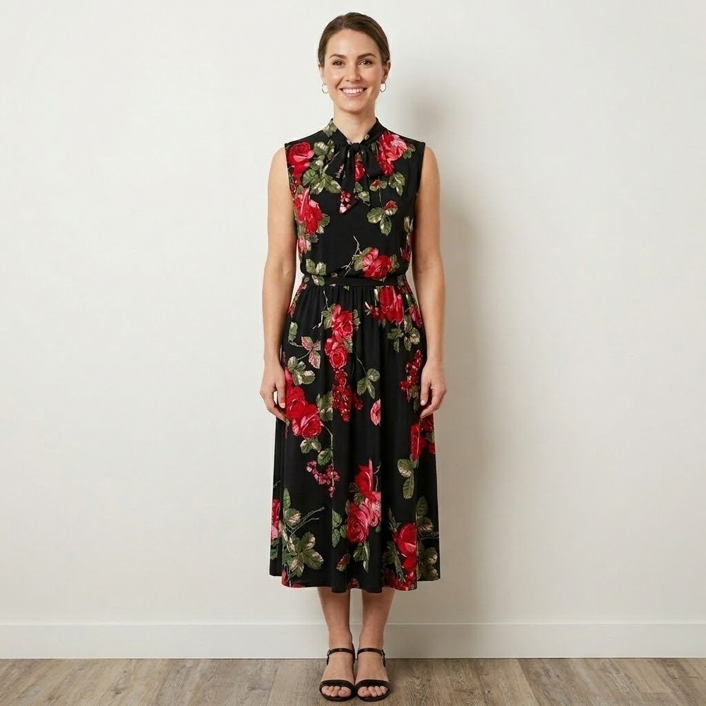 Leota Floral Sleeveless Midi Dress Womens L Black Red Roses Tie Neck Romantic